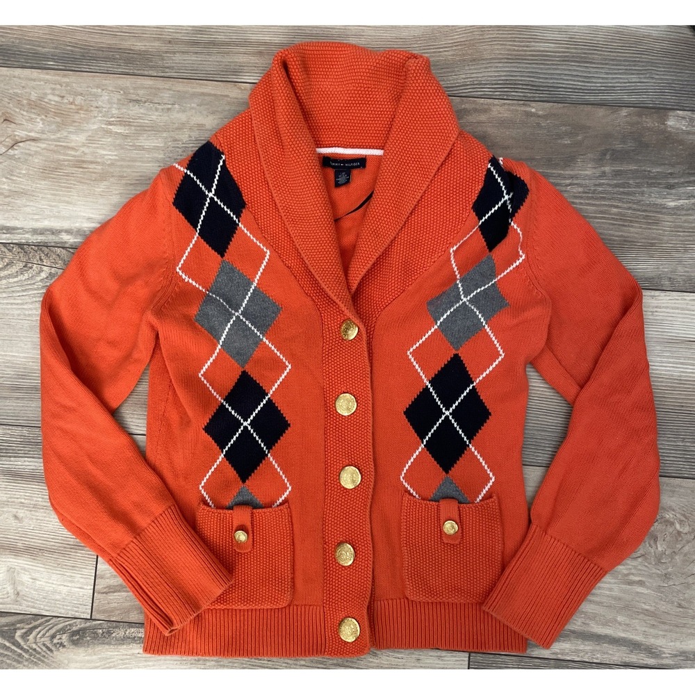 Tommy Hilfiger Argyle Cardigan Sweater Size Large Orange Shawl gold Buttons - Picture 1 of 7